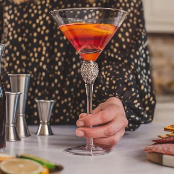 Rhinestone Crystal Glass Martini Glasses Silver Rim Stemware - Set of 4 - Picture 4 of 5